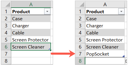 Add an item to a table in Excel