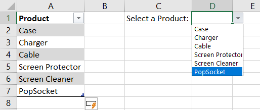 Table item added to drop-down list