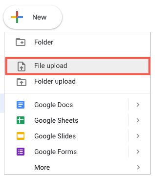 File Upload in Google Drive's menu