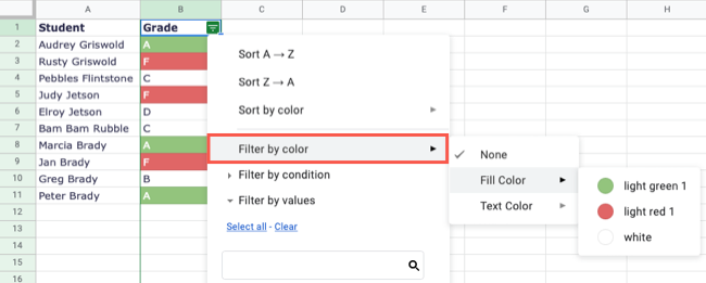 Filter by color options in Google Sheets