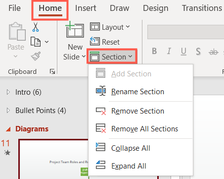 Section actions on the Home tab