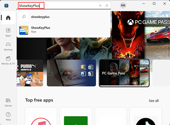 "ShowKeyPlus" in a red box in the search bar