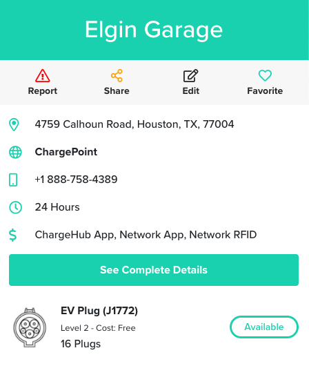 Example overview of an EV charging station in Houston, from Chargehub.