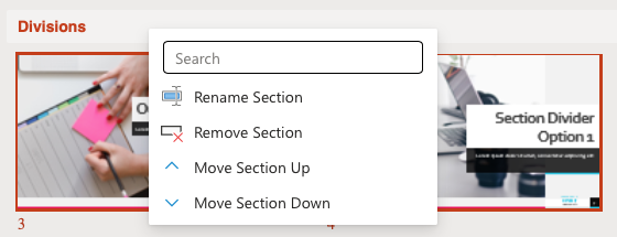 Sections actions in PowerPoint on the web
