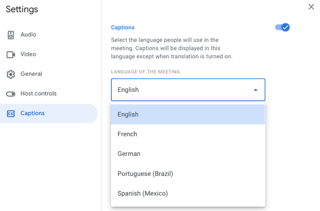 Captions languages in settings