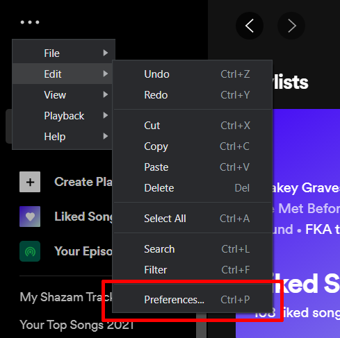 Preferences menu selection on Spotify.