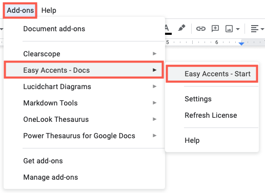 Easy Accents Start in the Add-ons menu