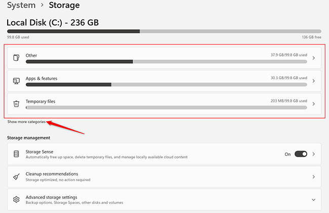 Box showing storage use by category.