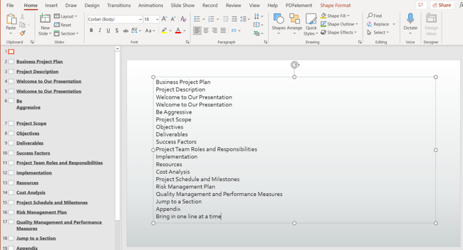 Text for the table of contents in PowerPoint