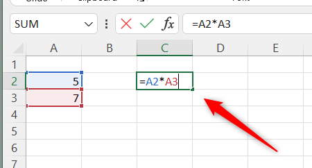 The formulat to multiply numbers from different cells.