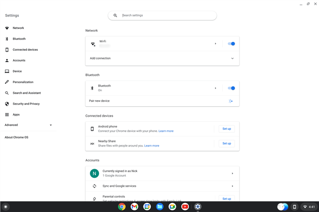 Screenshot showing Settings in Chrome OS Flex