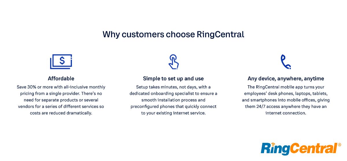RingCentral's benefits include affordability, ease of use, and device flexibility