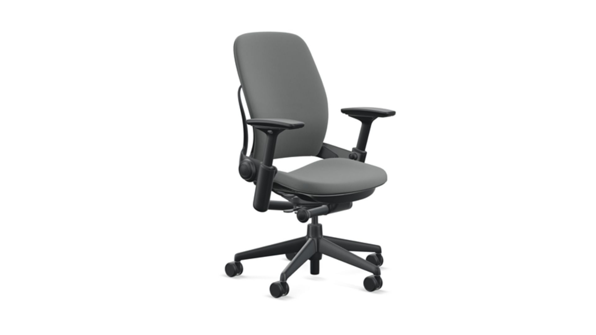 The high-performance ergonomic office chair model called Leap by Steelcase in grey, turned slightly to the side to show off its armrests.