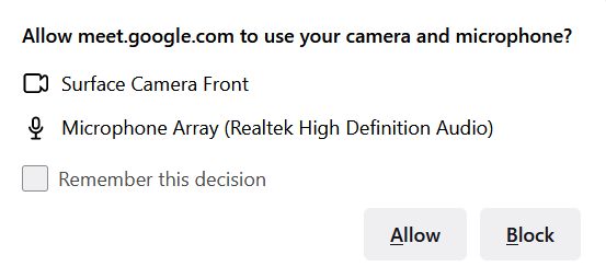 Camera and microphone permission popup
