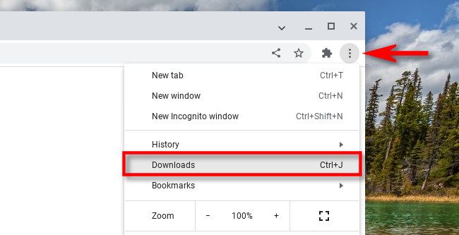 In Chrome on Chromebook, click the three-dots menu button and select "Downloads."