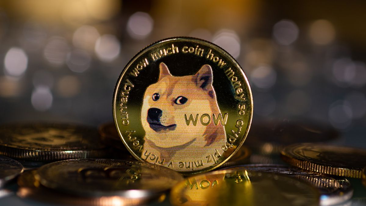 Closeup of an upright physical version of a Dogecoin.