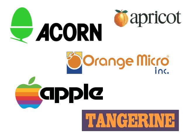 Five different vintage fruit-related computer company logos