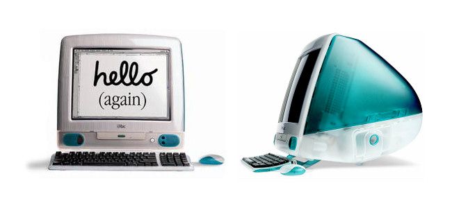 A front and side view of the original 1998 Apple iMac computer.