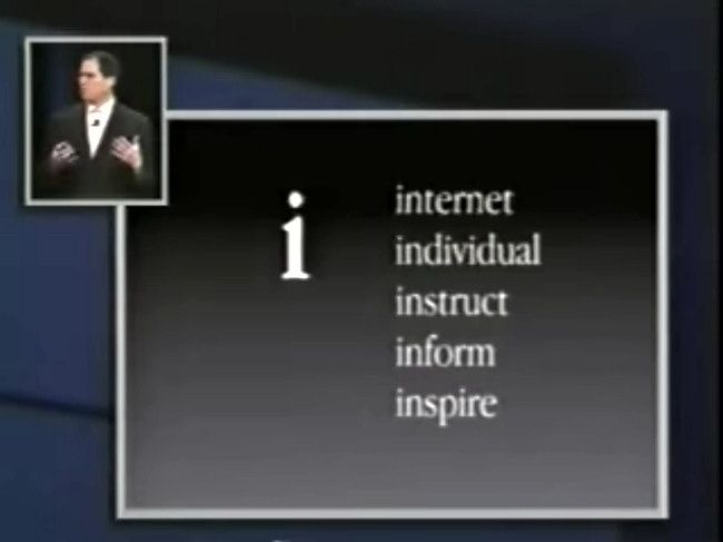 A slide of alternative Apple "i" words from a presentation in May 1998.