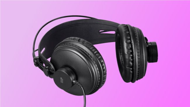 Monoprice headphones on pink background