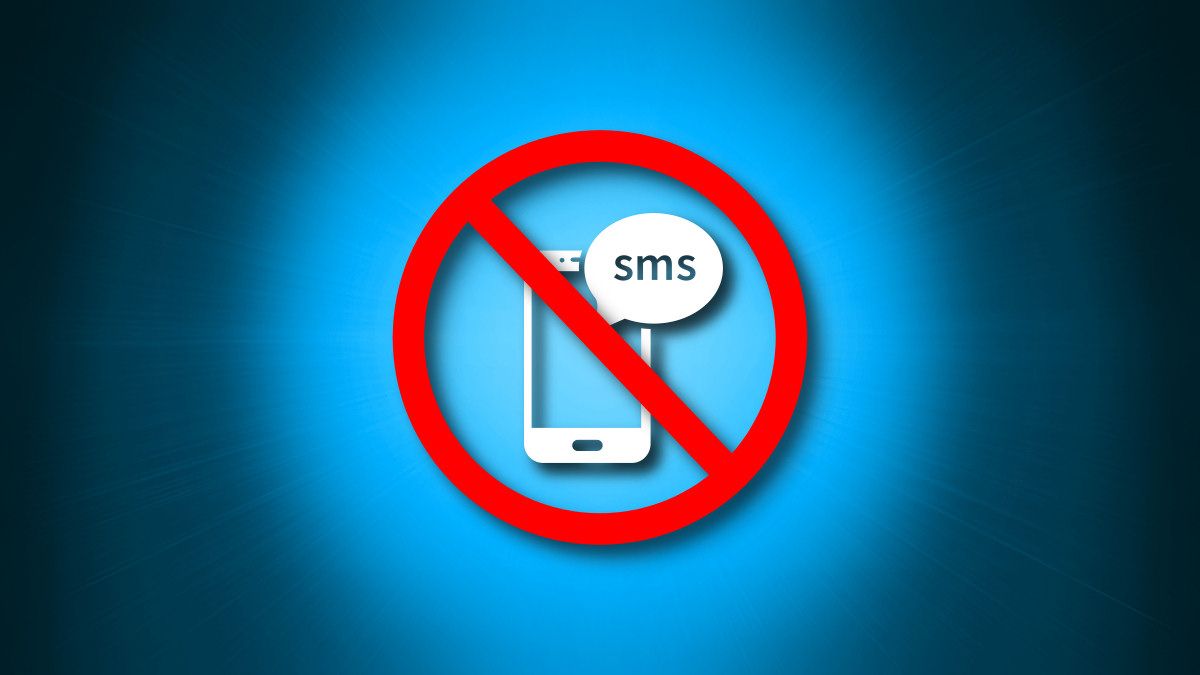 A crossed-out SMS symbol on a blue background