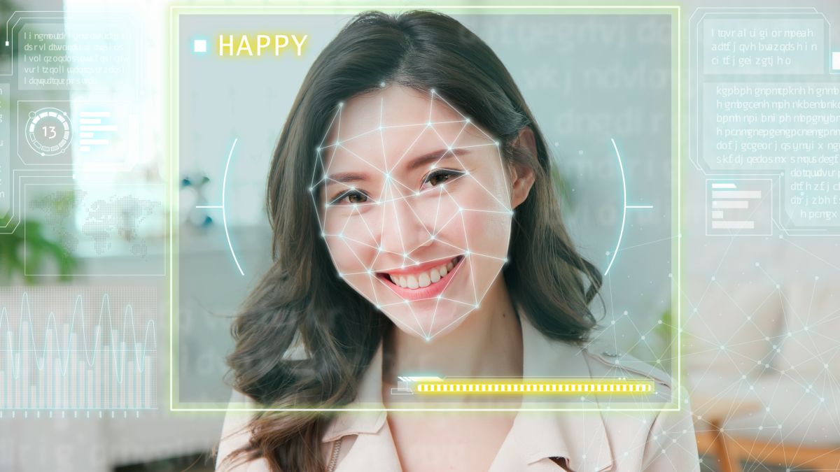 A woman's face being analyzed by artificial intelligence to detect emotion.