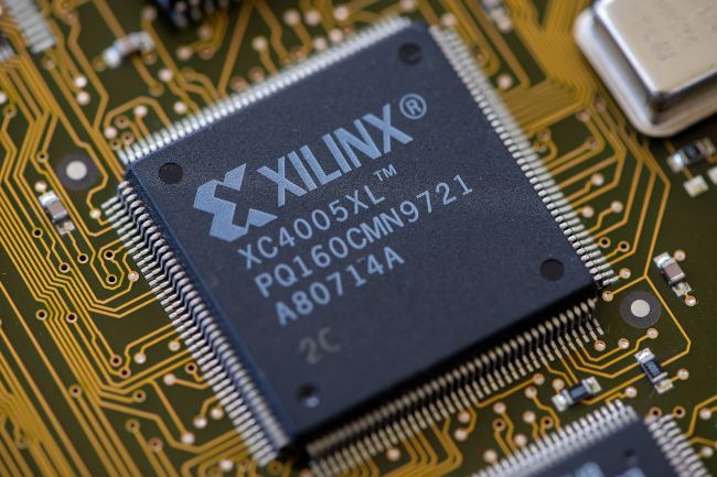 Close-up of a Xilinx FPGA integrated circuit.