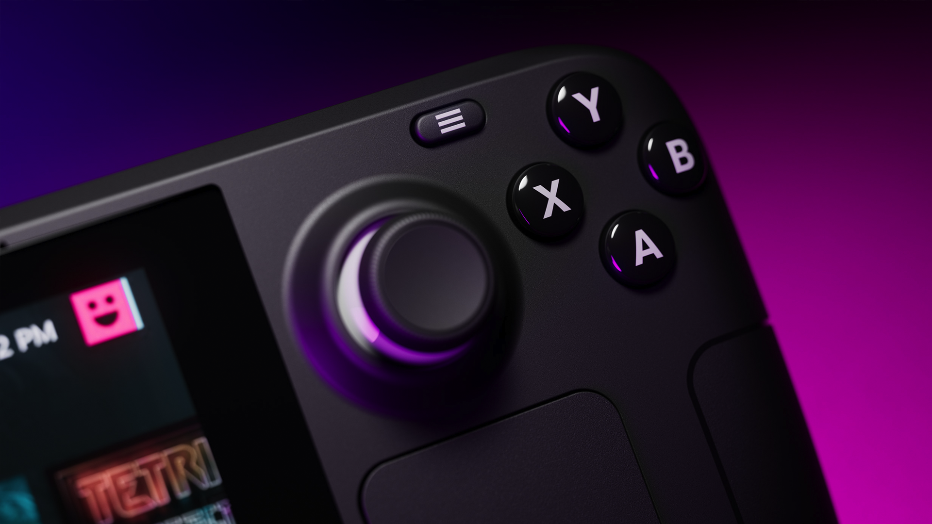 A close-up of the Steam Deck's right thumbstick and buttons.
