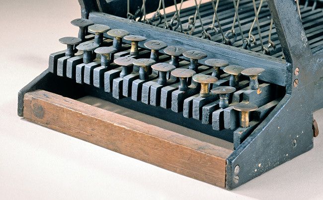 The keyboard for the 1876 Sholes Typewriter Patent Model