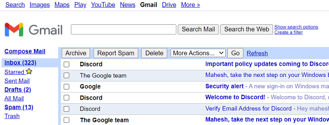 Gmail in basic mode.