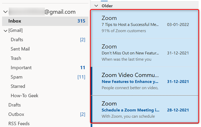 Remove consecutive emails in Outlook on desktop.
