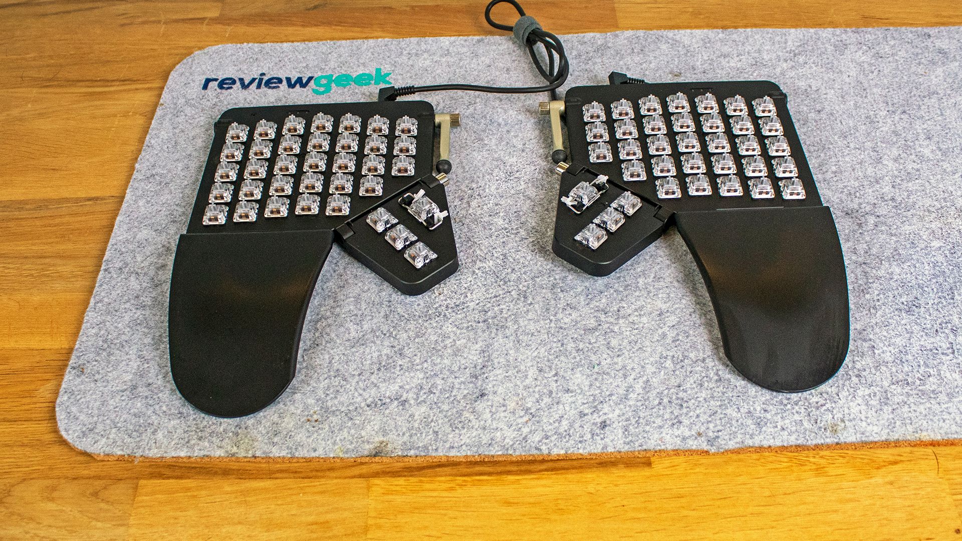 The Moonlander keyboard with every key removed