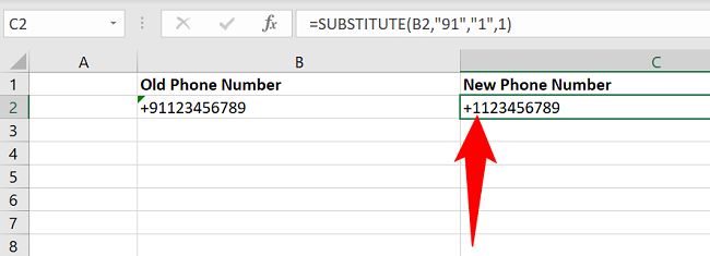 Country code changed with the SUBSTITUTE function.