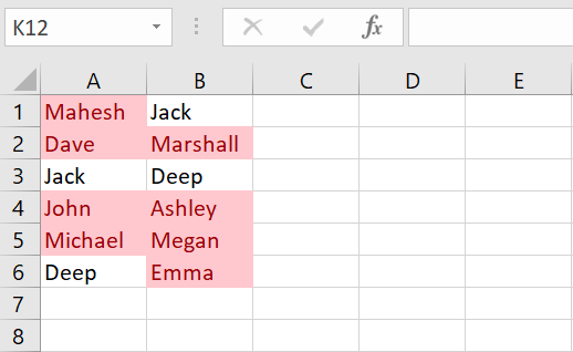 Two lists compared in Excel.