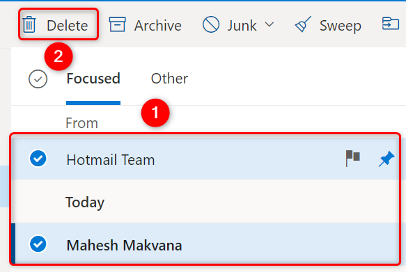 Select consecutive emails and choose "Delete" at the top.