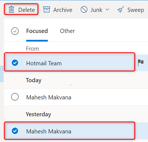 Select non-consecutive emails and choose "Delete" at the top.