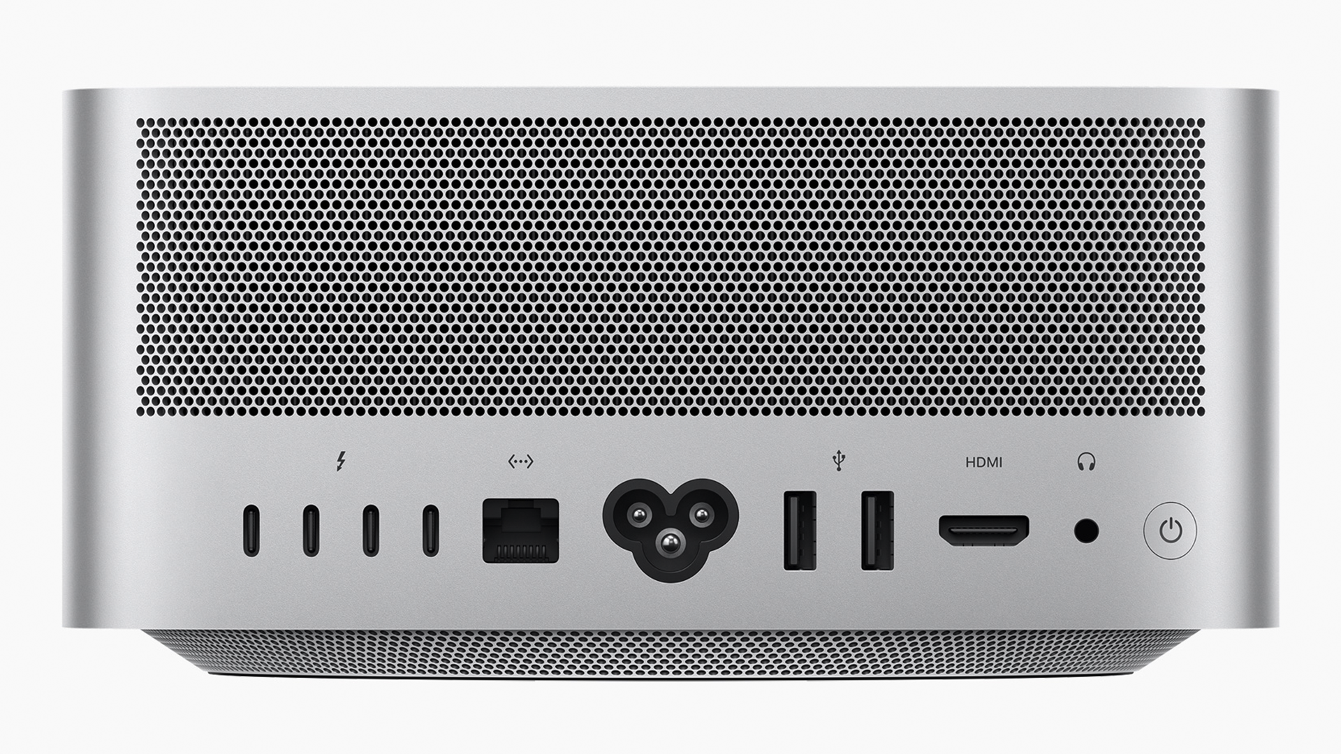 The Apple Mac Studio's back I/O and air exhaust grill.