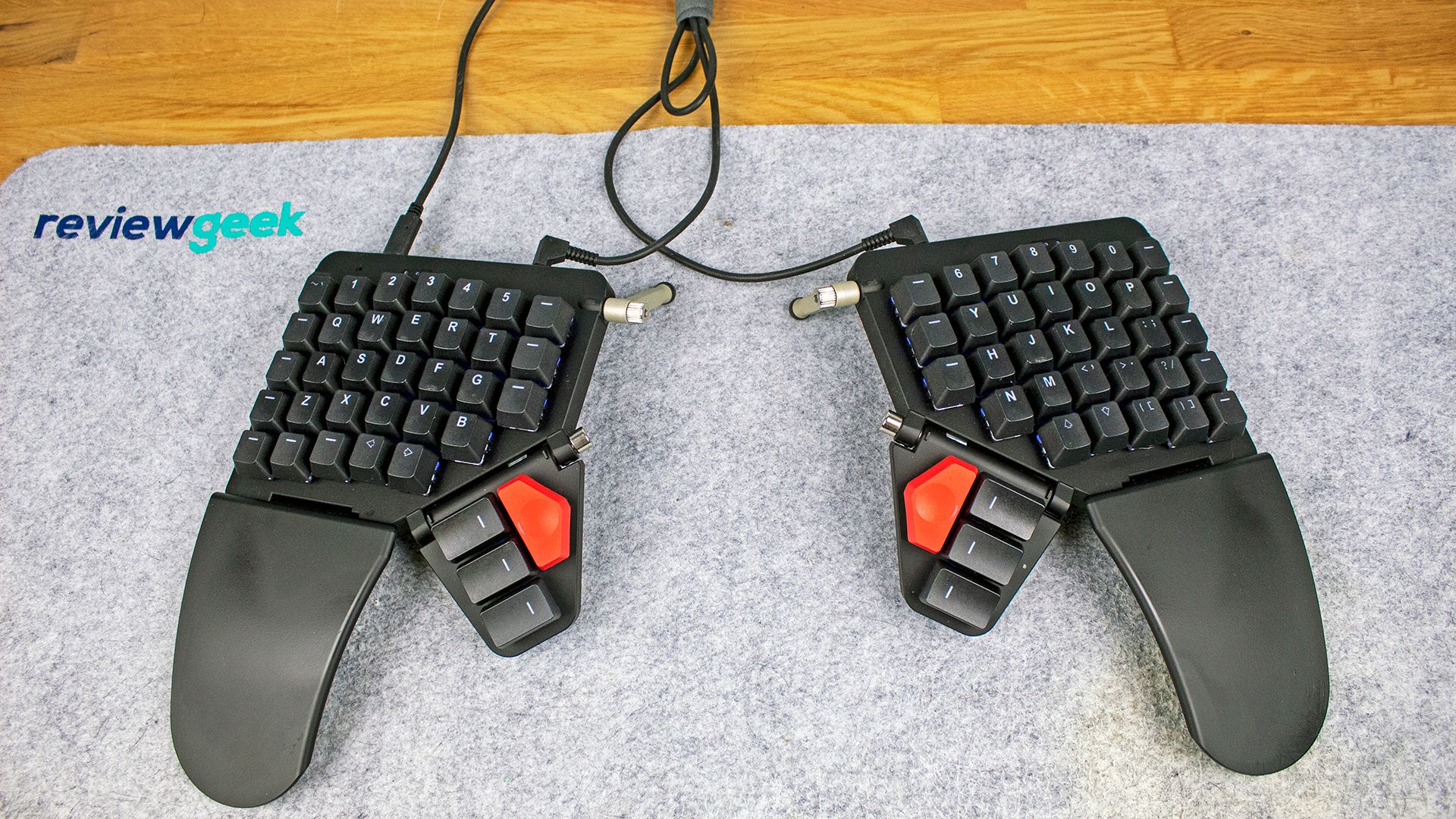 The Moonlander keyboard in a tented position