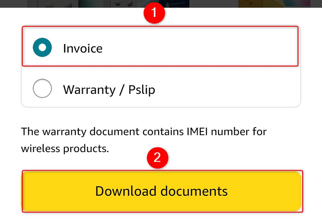 Select "Invoice" and tap "Download Documents."