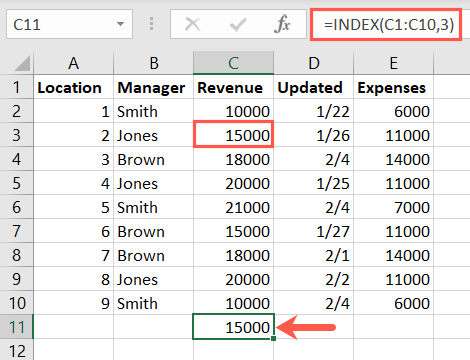INDEX in Array Form for a row