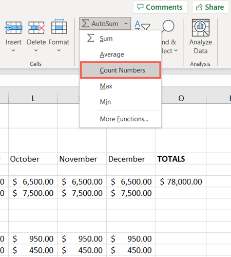 Count Numbers in AutoSum button