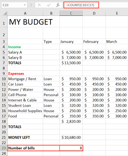 COUNT formula in Excel