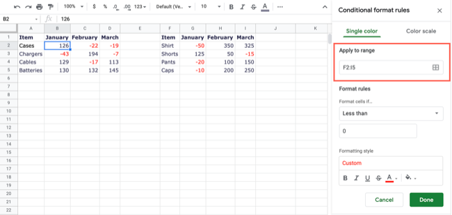 Edited conditional formatting rule