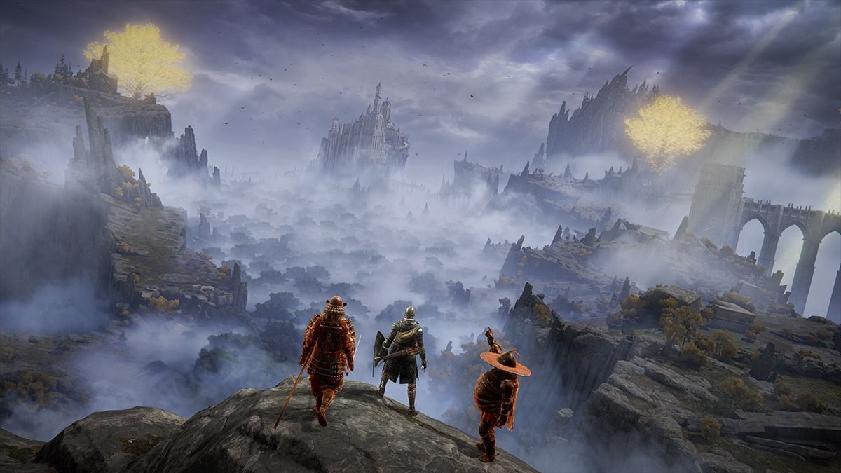 Three Elden Ring players standing on a cliff.