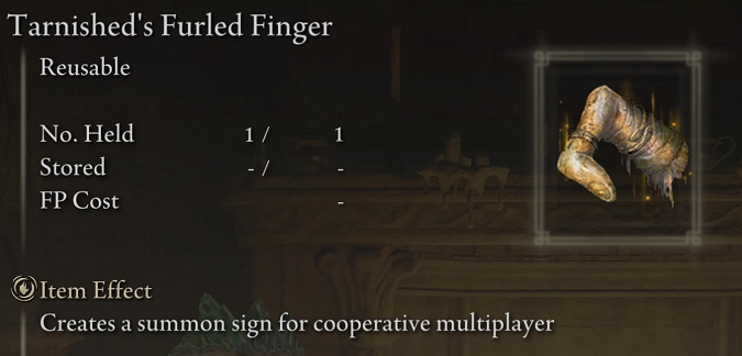 Furled Finger in Elden Ring menu.