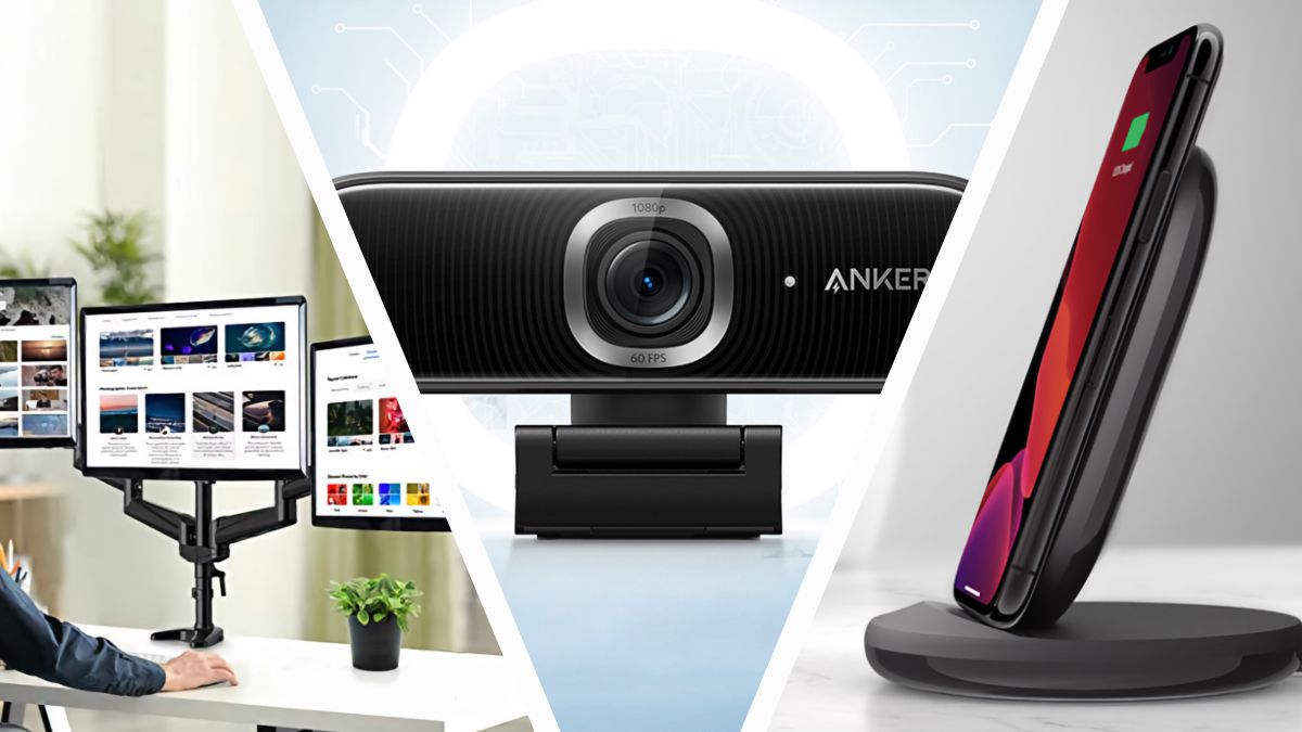 How-To Geek Deals featuring the Anker PowerConf C300 Webcam, Belkin BOOST↑CHARGE Wireless Charging Stand, and HUANUO HNTS3B Triple Monitor Stand