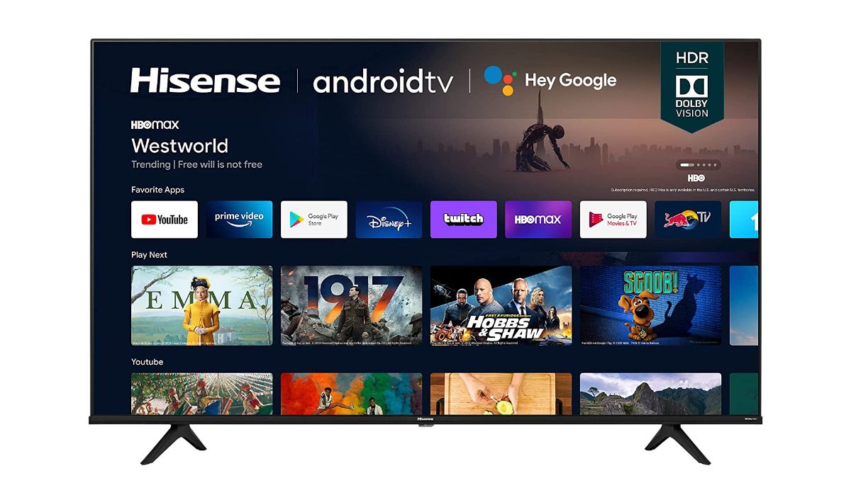 Hisense 50A6G 4K Smart TV with an Android TV Overlay Featuring Google Assistant, HBO Max, YouTube, Prime Video, Google Play Apps, Twitch, Google Play Movies and TV, and a Movie Library