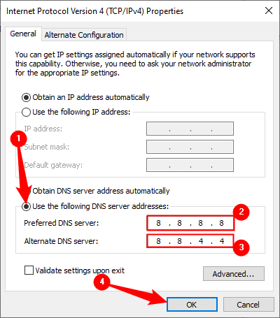 Select "Use the Following DNS Server Addresses," then type in the DNS server IPs. Click "OK" to save.