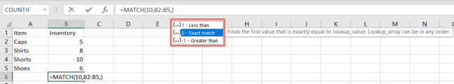 Match type tool tip in Excel