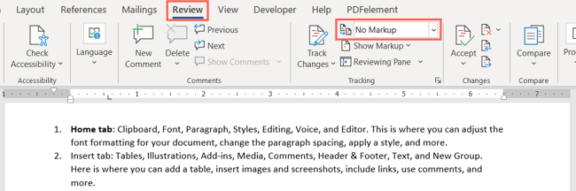 No Markup selected in Word